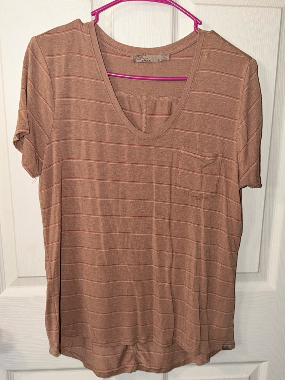 Prana Women's Short Sleeve V-Neck Tee in Tan with Pink Stripe